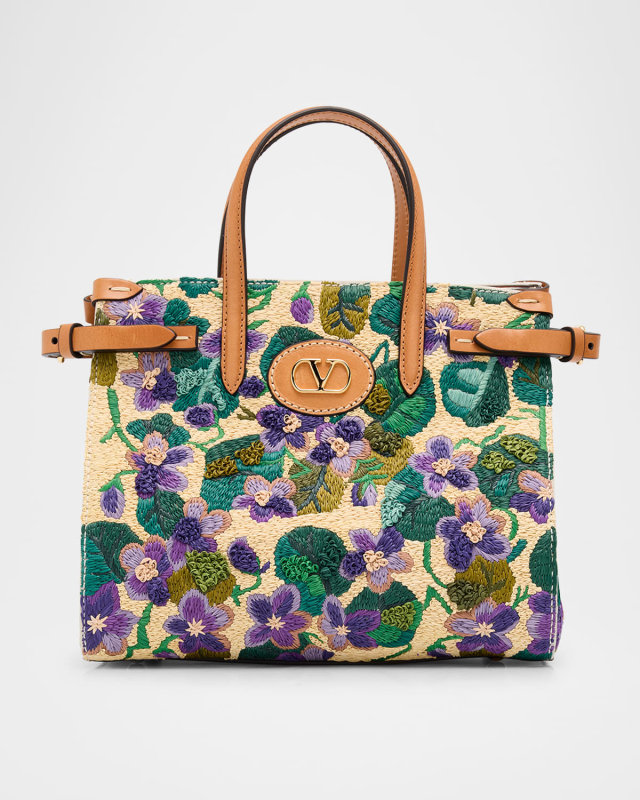 Antibes Small Violet Flower Raffia Tote Bag